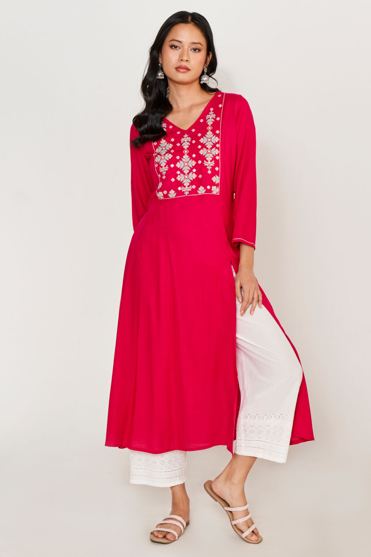 Red Solid Embroidered Fit And Flare Kurta, Red, image 2